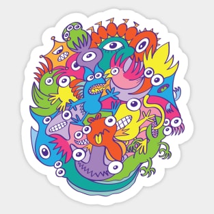 Funny monsters parade in doodle art style Sticker